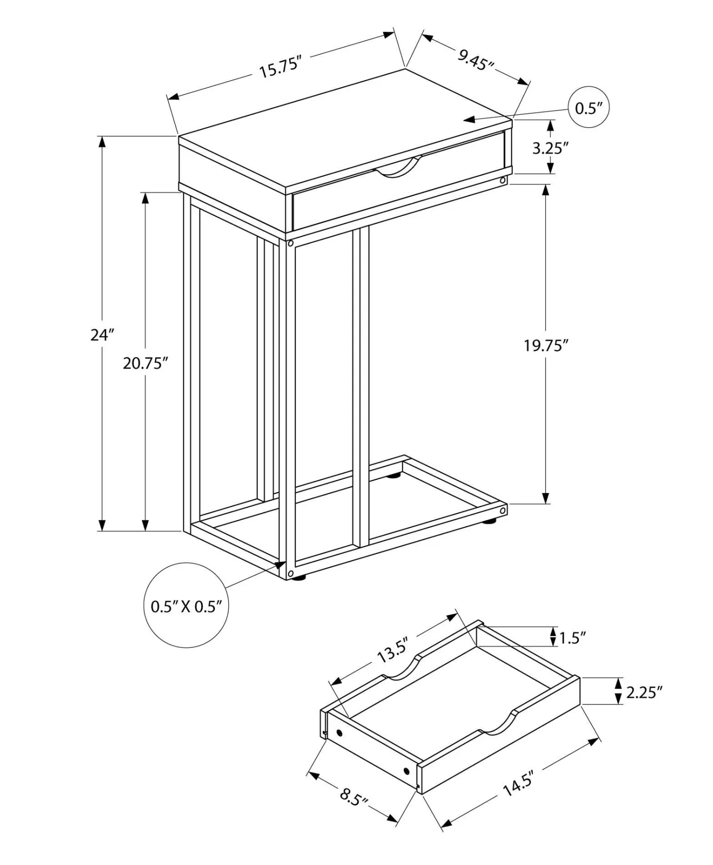 Table d'appoint - 25"H, noir, métal argent - Monarch