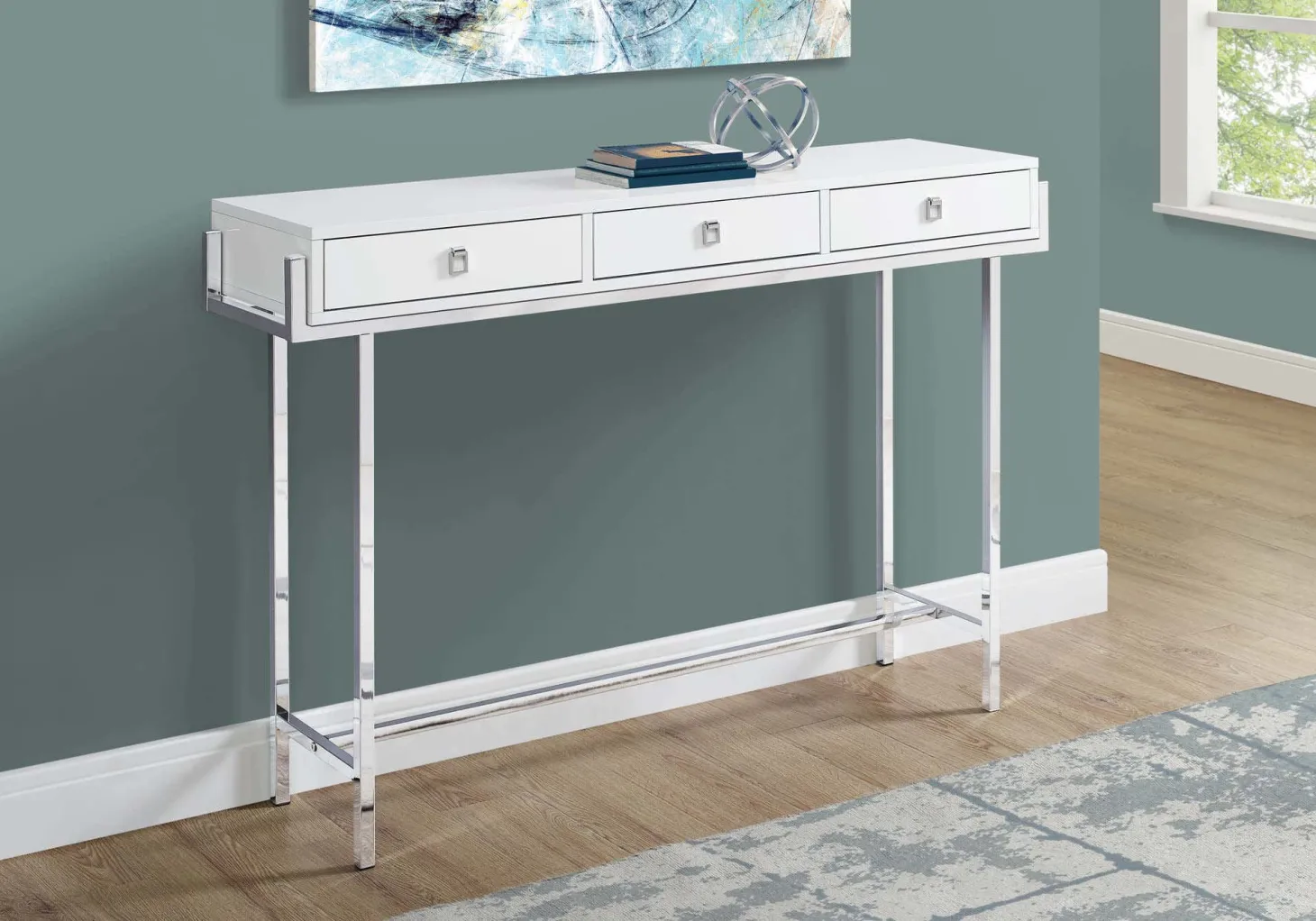 Table d'appoint - 48"L, blanc lustré, métal chrome - Monarch