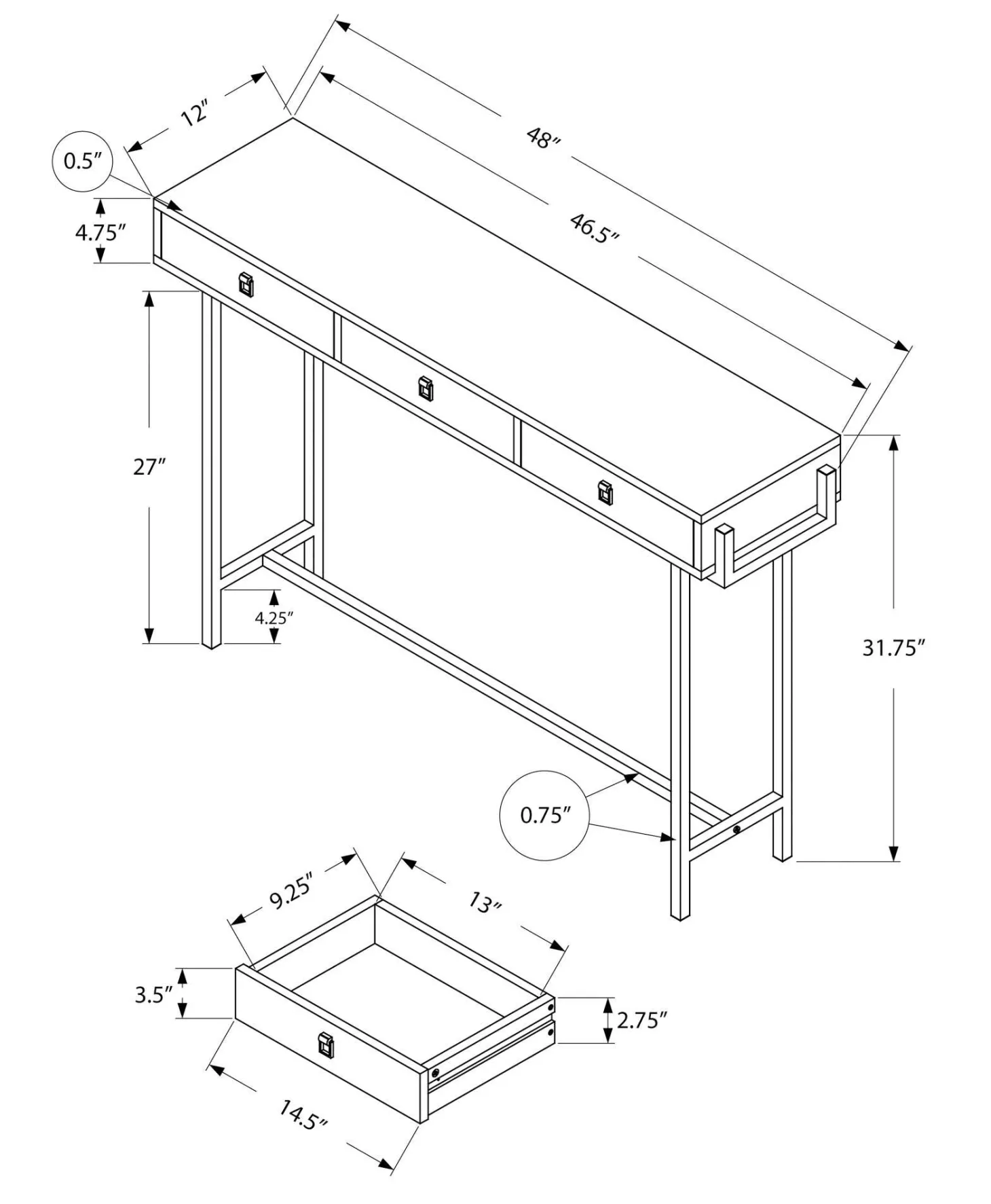Table d'appoint - 48"L, blanc lustré, métal chrome - Monarch