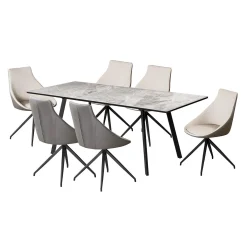 Table en pierre sintérisée et 6 fauteuils de cuisine - crème et gris