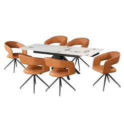 Table en pierre sintérisée et 6 fauteuils de cuisine - orange citrouille