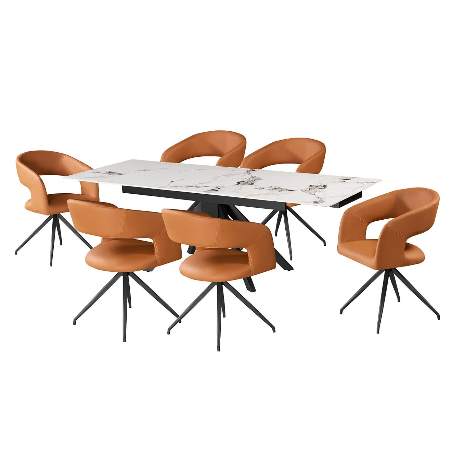 Table en pierre sintérisée et 6 fauteuils de cuisine - orange citrouille