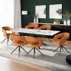 Table en pierre sintérisée et 6 fauteuils de cuisine - orange citrouille