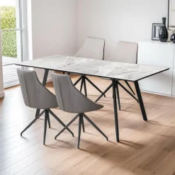 Table en pierre sintérisée et 4 fauteuils de cuisine - crème et gris