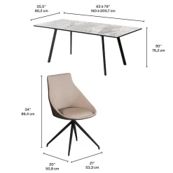 Table en pierre sintérisée et 4 fauteuils de cuisine - crème et gris
