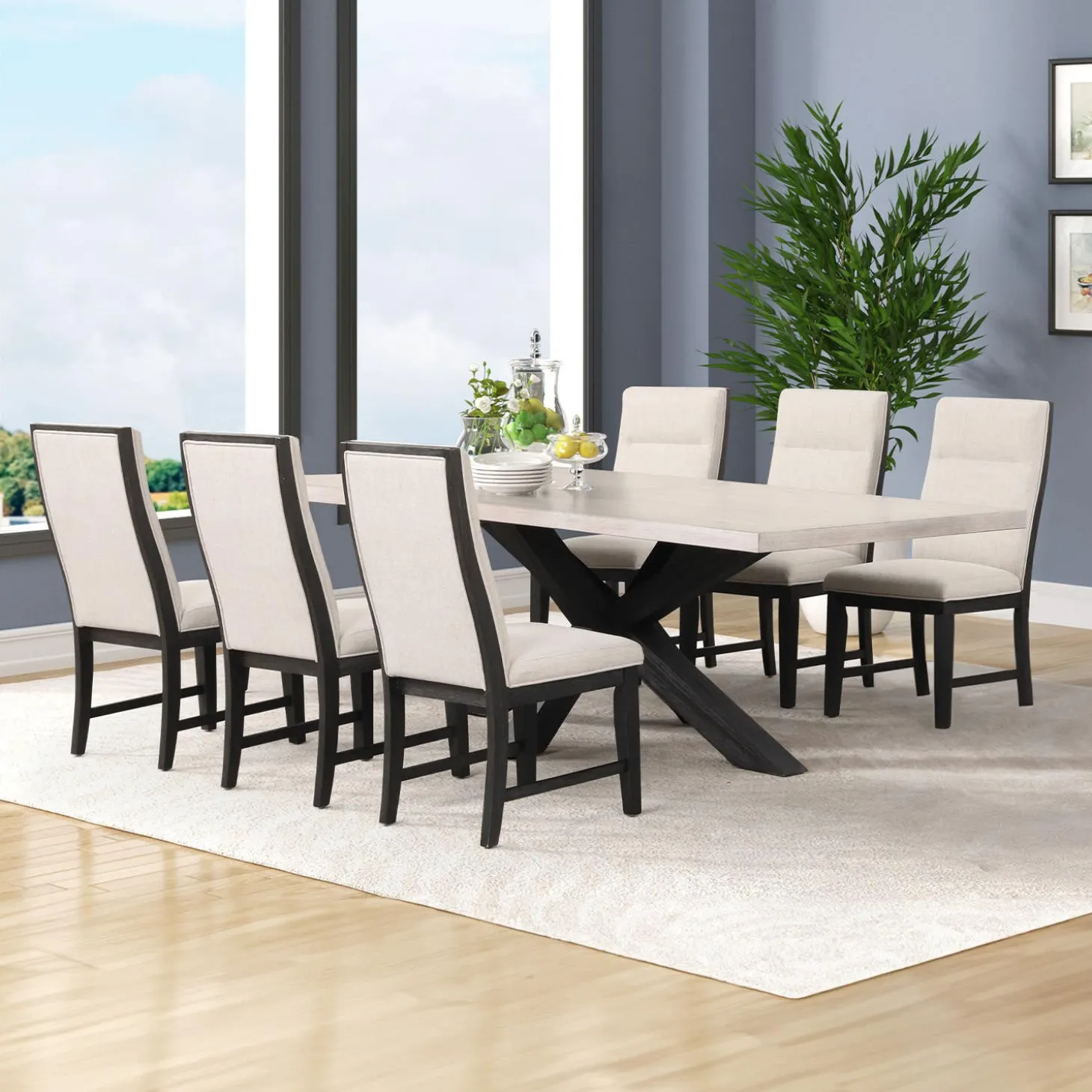 Table rectangulaire et 6 chaises - blanc crème