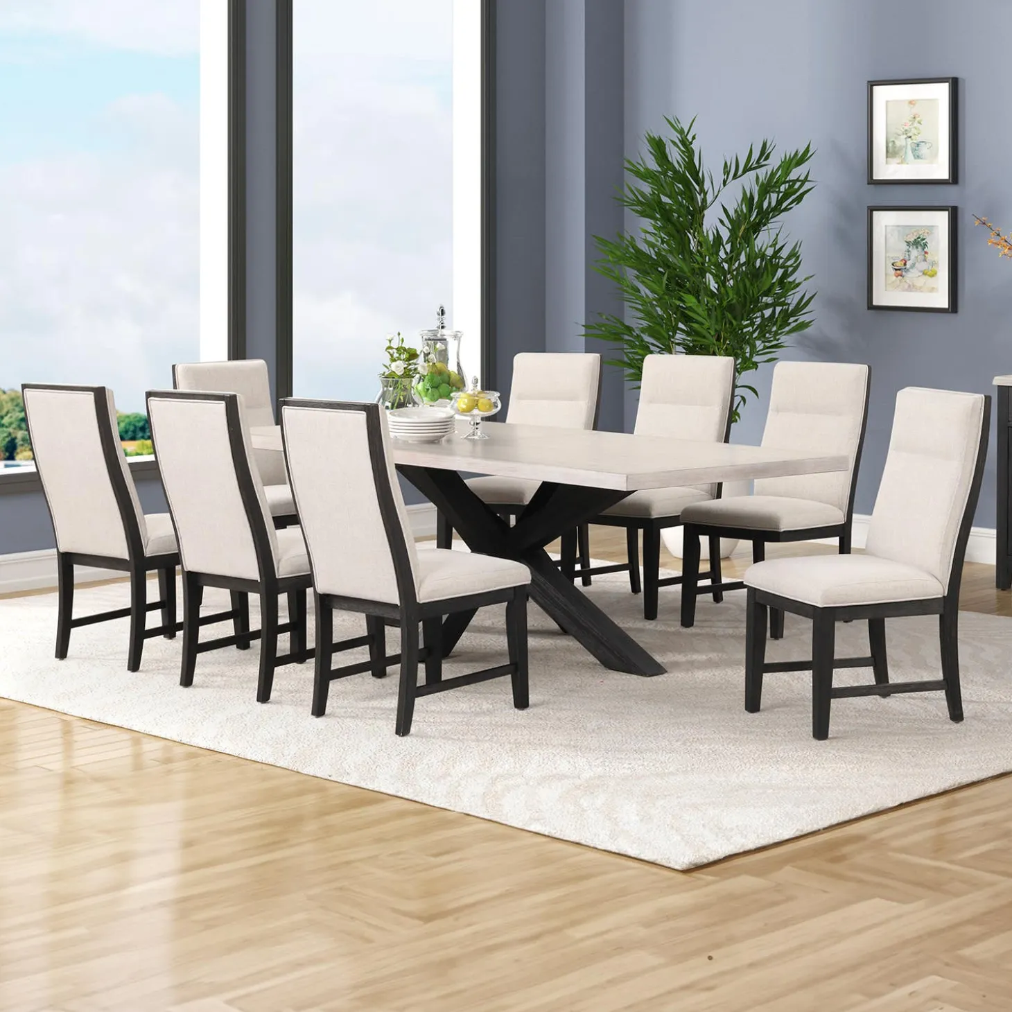 Table rectangulaire et 8 chaises - blanc crème