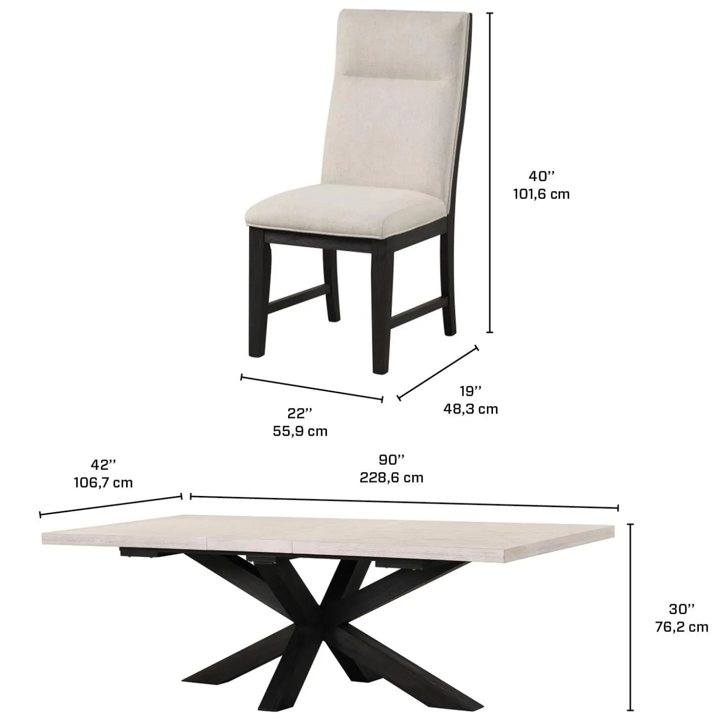 Table rectangulaire et 8 chaises - blanc crème