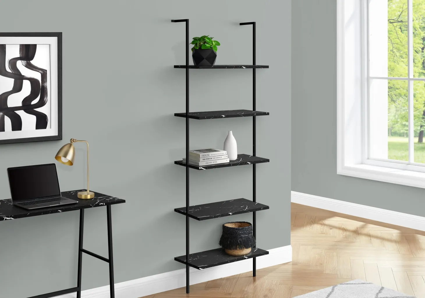 Étagère - 72"H, echelle marbre noir, métal noir - Monarch