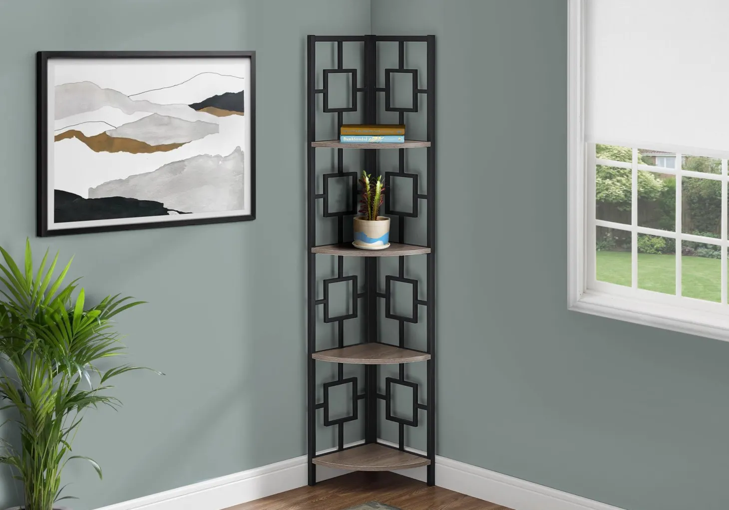 Étagère - 62"H, taupe foncé, métal noir en coin - Monarch