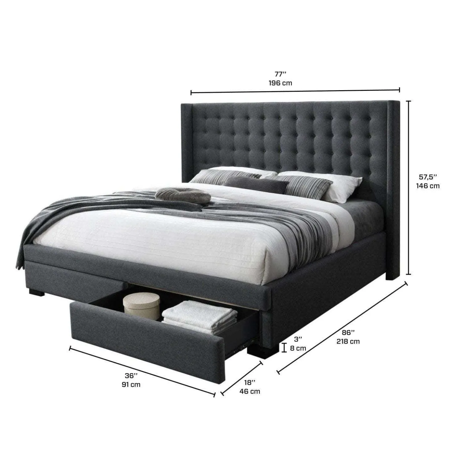 Très grand lit en tissu avec rangement 2 tiroirs et tête de lit (78")