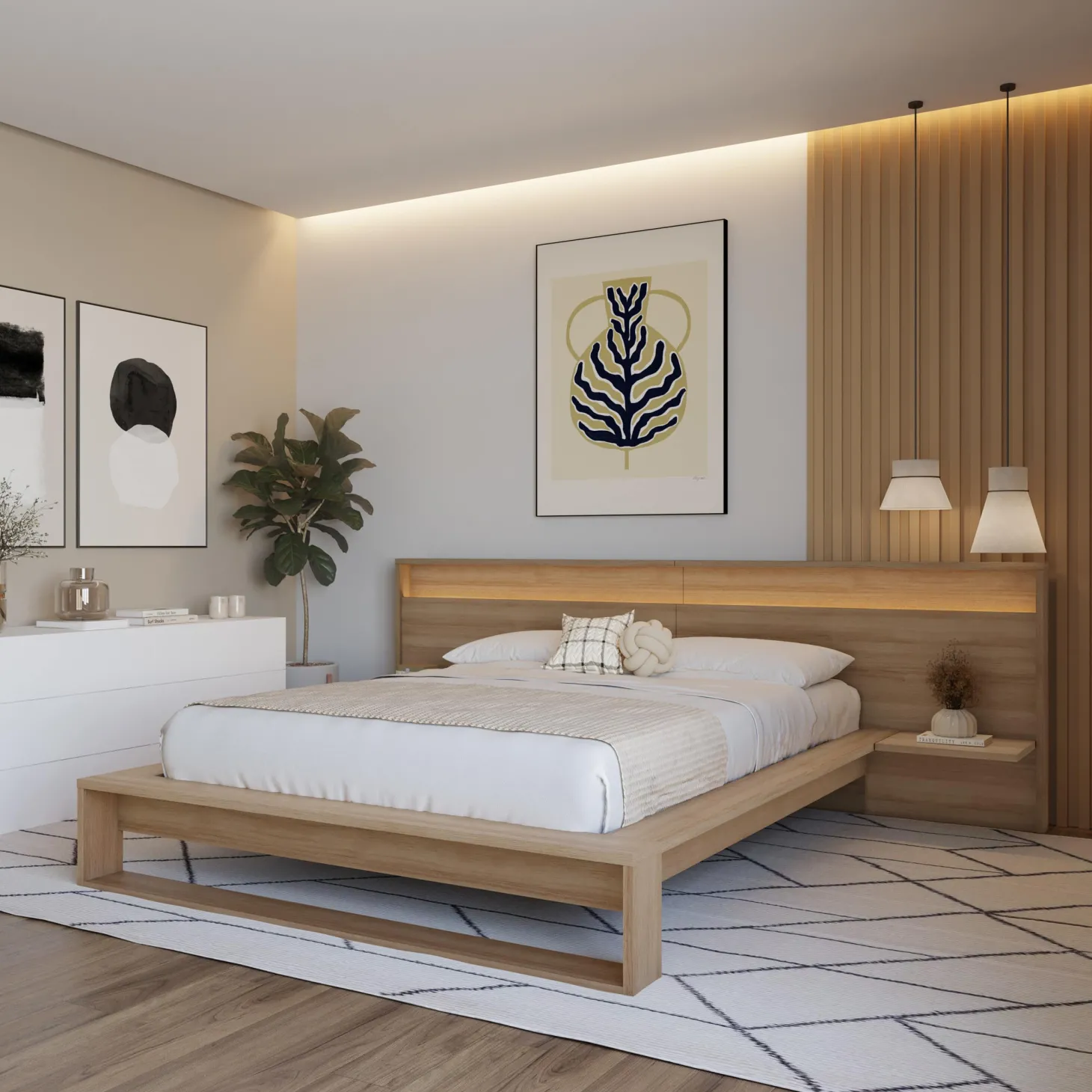 Tête de lit queen (60") avec lumières et étagères - Nexera